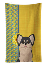Load image into Gallery viewer, Summer Sunflowers Longhaired Black and White Chihuahua Kitchen Towel