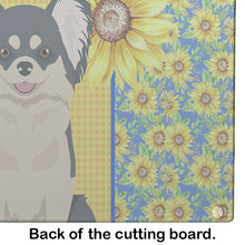 Load image into Gallery viewer, Summer Sunflowers Longhaired Black and White Chihuahua Glass Cutting Boards – Durable, Decorative Kitchen Art Large