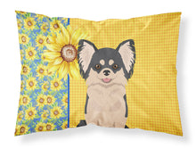 Load image into Gallery viewer, Summer Sunflowers Longhaired Black and White Chihuahua Fabric Standard Pillowcase – Artistic Decorative Front, White Back