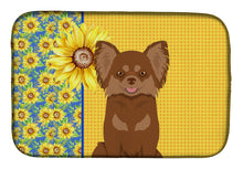 Load image into Gallery viewer, Summer Sunflowers Longhaired Chocolate and Tan Chihuahua Dish Drying Mat – Absorbent, Artistic Kitchen Essentials