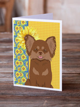 Load image into Gallery viewer, Summer Sunflowers Longhaired Chocolate and Tan Chihuahua Greeting Cards -  Blank Note Cards – 8-Pack of Artist-Designed Cards with Envelopes