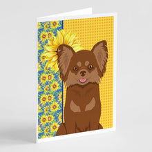 Load image into Gallery viewer, Summer Sunflowers Longhaired Chocolate and Tan Chihuahua Greeting Cards -  Blank Note Cards – 8-Pack of Artist-Designed Cards with Envelopes