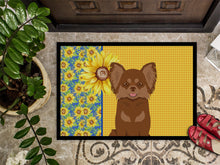 Load image into Gallery viewer, Summer Sunflowers Longhaired Chocolate and Tan Chihuahua Doormat - 24x36 Decorative Floor Mat – Indoor/Outdoor Rug with Artistic Flair
