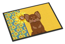 Load image into Gallery viewer, Summer Sunflowers Longhaired Chocolate and Tan Chihuahua Doormat - 24x36 Decorative Floor Mat – Indoor/Outdoor Rug with Artistic Flair