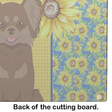Load image into Gallery viewer, Summer Sunflowers Longhaired Chocolate and Tan Chihuahua Glass Cutting Boards – Durable, Decorative Kitchen Art Large