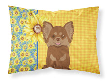 Load image into Gallery viewer, Summer Sunflowers Longhaired Chocolate and Tan Chihuahua Fabric Standard Pillowcase – Artistic Decorative Front, White Back