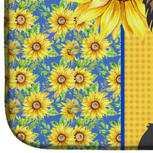 Load image into Gallery viewer, Summer Sunflowers Longhaired Black and Tan Chihuahua Dish Drying Mat – Absorbent, Artistic Kitchen Essentials