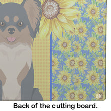 Load image into Gallery viewer, Summer Sunflowers Longhaired Black and Tan Chihuahua Glass Cutting Boards – Durable, Decorative Kitchen Art Large