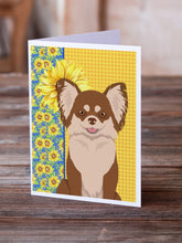 Load image into Gallery viewer, Summer Sunflowers Longhaired Chocolate and White Chihuahua Greeting Cards -  Blank Note Cards – 8-Pack of Artist-Designed Cards with Envelopes