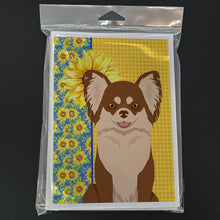 Load image into Gallery viewer, Summer Sunflowers Longhaired Chocolate and White Chihuahua Greeting Cards -  Blank Note Cards – 8-Pack of Artist-Designed Cards with Envelopes