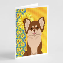 Load image into Gallery viewer, Summer Sunflowers Longhaired Chocolate and White Chihuahua Greeting Cards -  Blank Note Cards – 8-Pack of Artist-Designed Cards with Envelopes