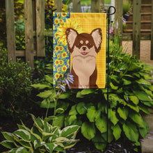 Load image into Gallery viewer, Summer Sunflowers Longhaired Chocolate and White Chihuahua Garden Flag – Decorative Outdoor Yard Flag