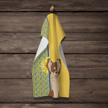 Load image into Gallery viewer, Summer Sunflowers Longhaired Chocolate and White Chihuahua Kitchen Towel