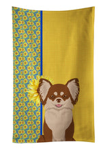 Load image into Gallery viewer, Summer Sunflowers Longhaired Chocolate and White Chihuahua Kitchen Towel