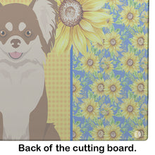 Load image into Gallery viewer, Summer Sunflowers Longhaired Chocolate and White Chihuahua Glass Cutting Boards – Durable, Decorative Kitchen Art Large