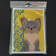 Load image into Gallery viewer, Summer Sunflowers Longhaired Blue and Tan Chihuahua Greeting Cards -  Blank Note Cards – 8-Pack of Artist-Designed Cards with Envelopes