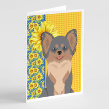 Load image into Gallery viewer, Summer Sunflowers Longhaired Blue and Tan Chihuahua Greeting Cards -  Blank Note Cards – 8-Pack of Artist-Designed Cards with Envelopes