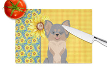 Load image into Gallery viewer, Summer Sunflowers Longhaired Blue and Tan Chihuahua Glass Cutting Boards – Durable, Decorative Kitchen Art Large