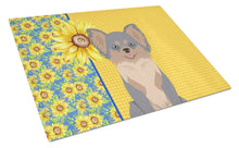 Load image into Gallery viewer, Summer Sunflowers Longhaired Blue and Tan Chihuahua Glass Cutting Boards – Durable, Decorative Kitchen Art Large