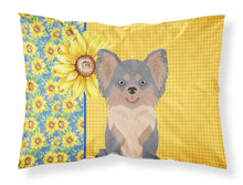 Load image into Gallery viewer, Summer Sunflowers Longhaired Blue and Tan Chihuahua Fabric Standard Pillowcase – Artistic Decorative Front, White Back