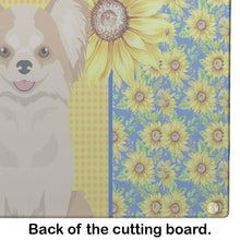 Load image into Gallery viewer, Summer Sunflowers Longhaired Gold and White Chihuahua Glass Cutting Boards – Durable, Decorative Kitchen Art Large