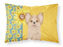 Load image into Gallery viewer, Summer Sunflowers Longhaired Gold and White Chihuahua Fabric Standard Pillowcase – Artistic Decorative Front, White Back