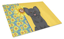 Load image into Gallery viewer, Summer Sunflowers Longhaired Black Chihuahua Glass Cutting Boards – Durable, Decorative Kitchen Art Large