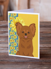 Load image into Gallery viewer, Summer Sunflowers Longhaired Red Chihuahua Greeting Cards -  Blank Note Cards – 8-Pack of Artist-Designed Cards with Envelopes