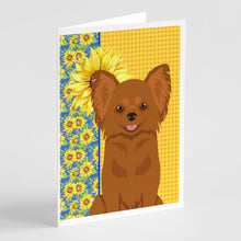 Load image into Gallery viewer, Summer Sunflowers Longhaired Red Chihuahua Greeting Cards -  Blank Note Cards – 8-Pack of Artist-Designed Cards with Envelopes