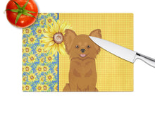 Load image into Gallery viewer, Summer Sunflowers Longhaired Red Chihuahua Glass Cutting Boards – Durable, Decorative Kitchen Art Large