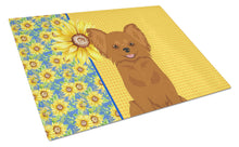 Load image into Gallery viewer, Summer Sunflowers Longhaired Red Chihuahua Glass Cutting Boards – Durable, Decorative Kitchen Art Large