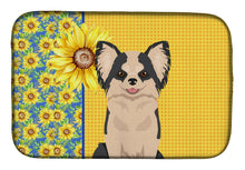 Load image into Gallery viewer, Summer Sunflowers Longhaired Black and White #2 Chihuahua Dish Drying Mat – Absorbent, Artistic Kitchen Essentials