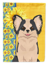Load image into Gallery viewer, Summer Sunflowers Longhaired Black and White #2 Chihuahua Garden Flag – Decorative Outdoor Yard Flag
