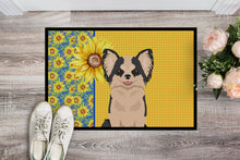 Load image into Gallery viewer, Summer Sunflowers Longhaired Black and White #2 Chihuahua Doormat - 24x36 Decorative Floor Mat – Indoor/Outdoor Rug with Artistic Flair