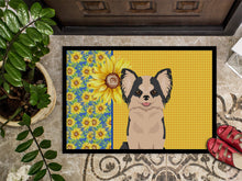 Load image into Gallery viewer, Summer Sunflowers Longhaired Black and White #2 Chihuahua Doormat - 24x36 Decorative Floor Mat – Indoor/Outdoor Rug with Artistic Flair