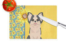 Load image into Gallery viewer, Summer Sunflowers Longhaired Black and White #2 Chihuahua Glass Cutting Boards – Durable, Decorative Kitchen Art Large