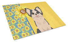 Load image into Gallery viewer, Summer Sunflowers Longhaired Black and White #2 Chihuahua Glass Cutting Boards – Durable, Decorative Kitchen Art Large