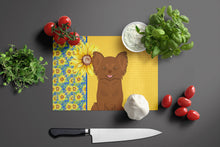Load image into Gallery viewer, Summer Sunflowers Longhaired Chocolate Chihuahua Glass Cutting Boards – Durable, Decorative Kitchen Art Large