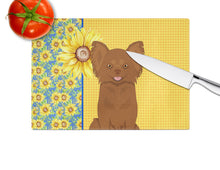 Load image into Gallery viewer, Summer Sunflowers Longhaired Chocolate Chihuahua Glass Cutting Boards – Durable, Decorative Kitchen Art Large