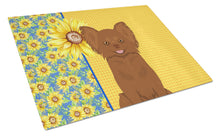 Load image into Gallery viewer, Summer Sunflowers Longhaired Chocolate Chihuahua Glass Cutting Boards – Durable, Decorative Kitchen Art Large