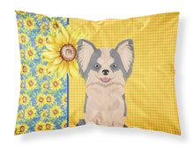 Load image into Gallery viewer, Summer Sunflowers Longhaired Blue and White Chihuahua Fabric Standard Pillowcase – Artistic Decorative Front, White Back