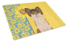Load image into Gallery viewer, Summer Sunflowers Longhaired Black and Red Chihuahua Glass Cutting Boards – Durable, Decorative Kitchen Art Large