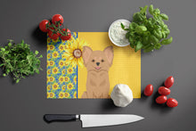 Load image into Gallery viewer, Summer Sunflowers Longhaired Gold Chihuahua Glass Cutting Boards – Durable, Decorative Kitchen Art Large