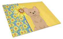 Load image into Gallery viewer, Summer Sunflowers Longhaired Gold Chihuahua Glass Cutting Boards – Durable, Decorative Kitchen Art Large