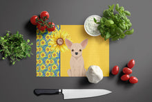 Load image into Gallery viewer, Summer Sunflowers Fawn Chihuahua Glass Cutting Boards – Durable, Decorative Kitchen Art Large