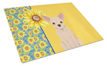 Load image into Gallery viewer, Summer Sunflowers Fawn Chihuahua Glass Cutting Boards – Durable, Decorative Kitchen Art Large