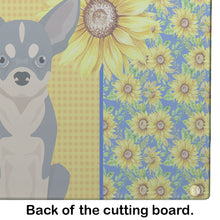 Load image into Gallery viewer, Summer Sunflowers Blue and White Chihuahua Glass Cutting Boards – Durable, Decorative Kitchen Art Large