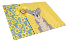 Load image into Gallery viewer, Summer Sunflowers Blue and White Chihuahua Glass Cutting Boards – Durable, Decorative Kitchen Art Large