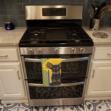 Load image into Gallery viewer, Summer Sunflowers Black and Tan Chihuahua Kitchen Towel