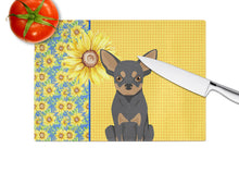 Load image into Gallery viewer, Summer Sunflowers Black and Tan Chihuahua Glass Cutting Boards – Durable, Decorative Kitchen Art Large